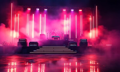 Vibrant concert stage illuminated with colorful lights, fog, and musical equipment, ready for performance