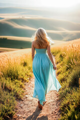 Obraz premium Woman in Light Blue Dress Walking on a Country Path