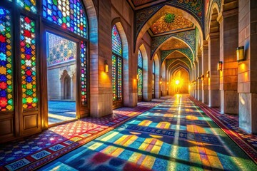 Obraz premium Islamic Architecture: Stained Glass Mosque Corridor, Vibrant Colors, Rule of Thirds Composition