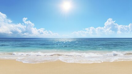 Fototapeta premium Idyllic tropical beach scene with turquoise water, beige sand, and a bright sunny sky with fluffy white clouds