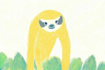Fototapeta premium Cute sloth drawn with colored pencils in a naive kids drawing style