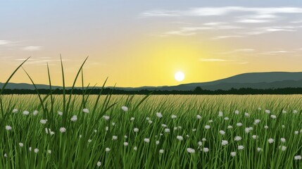 Fototapeta premium Field of Tall Green Grass with White Flowers at Sunset or Sunrise Scenery