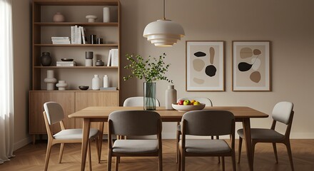 Dining Room Interior with Table, Chairs, and Artwork