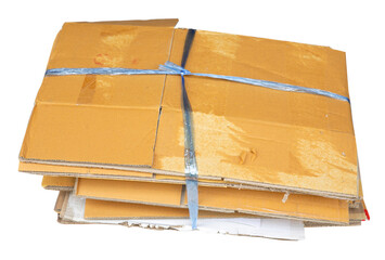 Bundle of wastepaper cardboard to be recycled on transparent background.