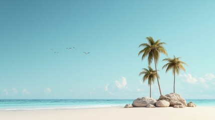 Obraz premium Idyllic Tropical Beach Scene with Palm Trees, Turquoise Sea, White Sand, Rocks and Birds Flying Against the Azure Sky