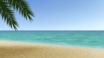 Fototapeta premium Tranquil Beach Scenery: Palm Fronds Overlook Turquoise Sea and Sandy Shore on a Sunny Day
