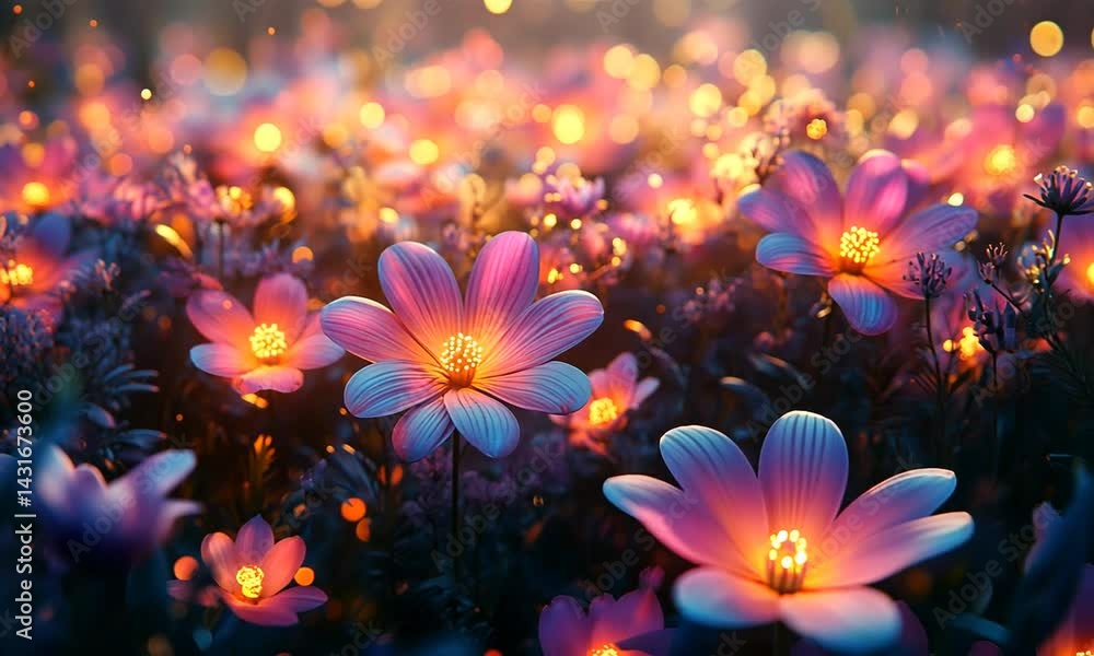 Poster vibrant field of glowing flowers at twilight, creating a magical atmosphere with soft bokeh