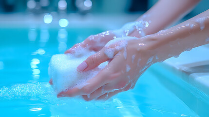 Fototapeta premium Woman washing hands with soap bar and creating foam in blue water