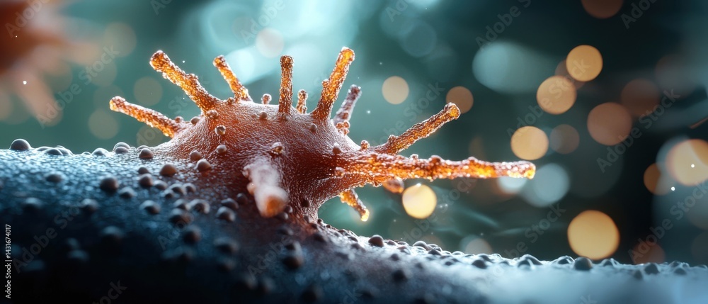 Poster closeup view of a highly magnified and digitally enhanced microscopic image of a mutated virus, reve