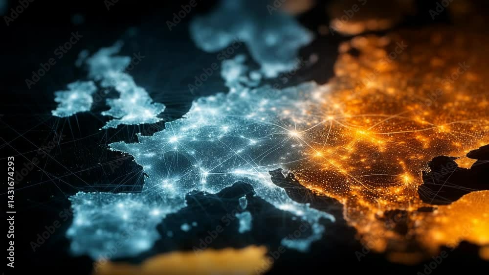 Poster abstract continents map with interconnected networks represented by glowing lights and connecting li