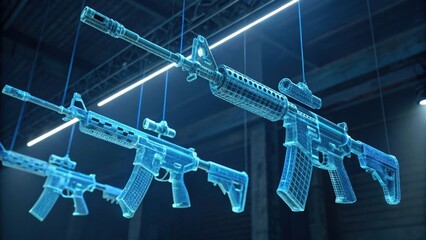 Futuristic ar 15 rifle blueprints hanging in an industrial setting