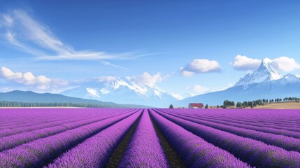 Naklejka premium Vast Lavender Field with Distant Snowy Mountains and a Small House Under a Clear Blue Sky, Promotes Serenity