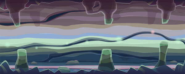 Cave or tunnel with path, layered combination of rock forms striped pattern. Stone columns, stalactites and stalagmites, nature scene, landscape, environment, striped wall. Adventure vector cartoon.
