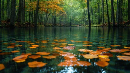 Obraz premium Autumn leaves float on forest stream.