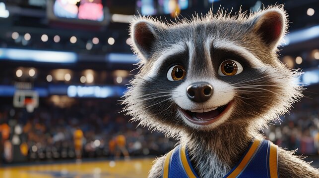 Cartoon Raccoon Mascot in Basketball Arena