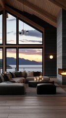 Fototapeta premium A spacious living room features a round bed and fireplace, illuminated by candles, overlooking a serene sunset over the lake