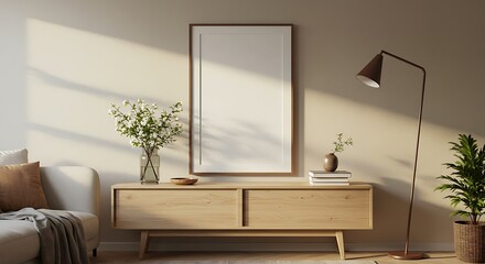 Blank Wall Art on Wooden Console in Bright Living Room