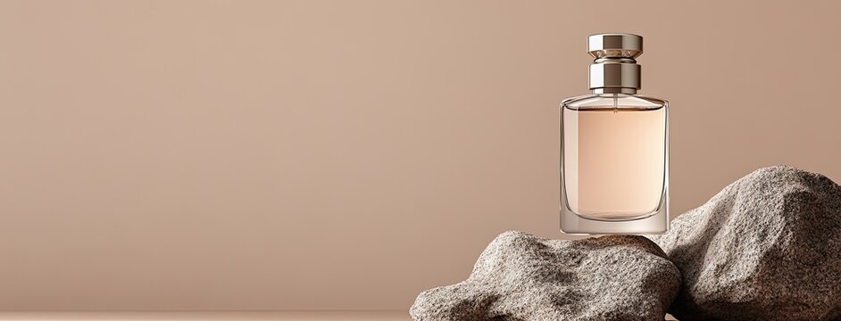 Elegant perfume bottle rests on a rock, showcasing luxurious texture and high contrast with perfect symmetry in soft lighting