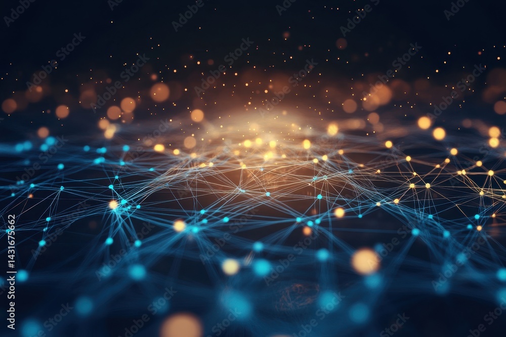 Poster visual representation of interconnected network nodes with glowing lights in a dark background