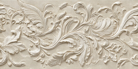 Intricate off-white floral bas-relief, showcasing elegant swirling leaves and delicate texture, ideal for luxury or classic design concepts, background, wallpaper, or banner