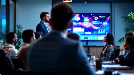 A businessman confidently presents to a diverse group of engaged individuals in a modern conference room