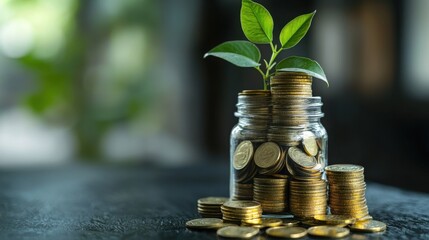 Financial Growth: A single vibrant sprout emerges from a jar overflowing with gold coins, symbolizing the growth of investment and wealth. The image is a metaphor for financial success, abundance.