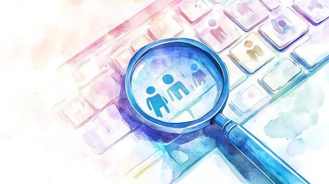 Magnifying glass over keyboard keys, with three figures inside