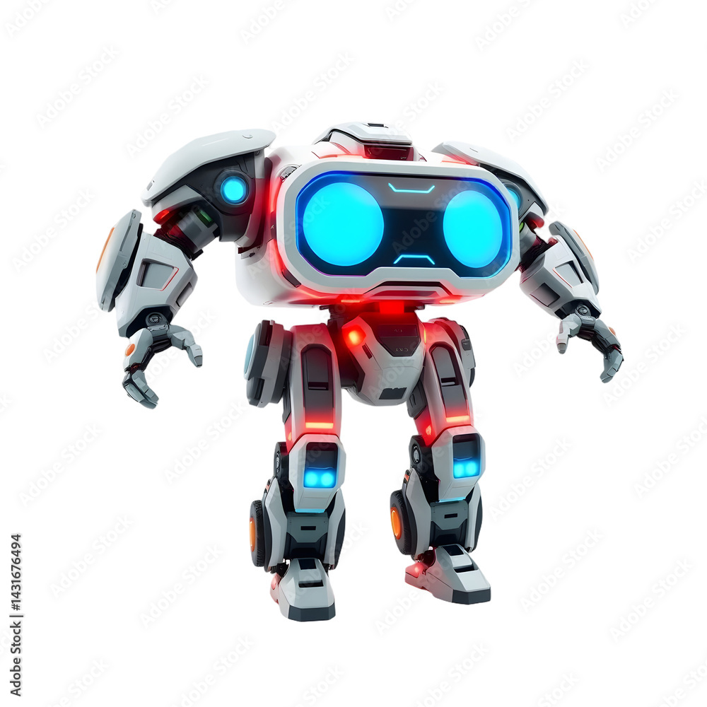 Poster Futuristic Robot Design, 3d Model On White. Gleaming Illumination, Contemporary Robotics. Advanced Machine, Isolated Digital Rendering. Hi-tech Artificial Intelligence.