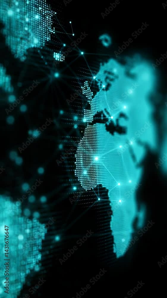 Poster glowing cyan world map with connected dots and lines on a black background representing global conne