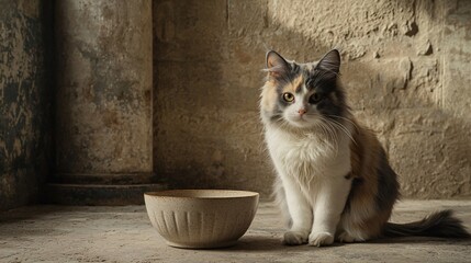 dilute calico with soft cream and gray fur sits beside an empty food bowl in a shadowed kitchen, looking abandoned. Copy space. dilute calico, cream fur, gray patches, empty food bowl, shadowed 