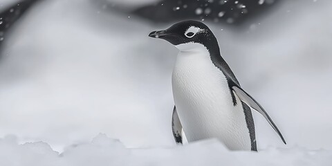 Obraz premium Penguin standing on snow with head patterns, blurred snowy background.