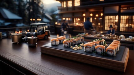 Aerial view reveals a tiny sushi restaurant with workers preparing sushi while a forklift hauls large salmon pieces across the counter.