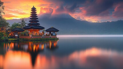 Serene Sunrise Over Temple Lake