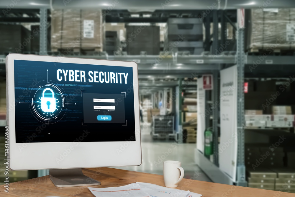 Poster cyber security system on computer screen protect private information snugly from hacker and cyber at