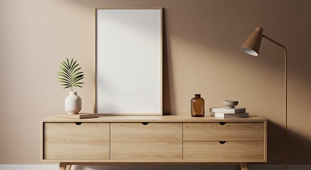 Empty Poster Frame on Wooden Console