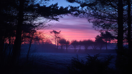 Fototapeta premium The silhouette of trees frames a vibrant sunrise with pink, purple, and blue hues painting the winter sky over a field covered with frost in a scenic view.