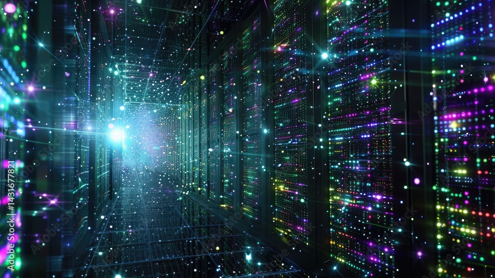 Poster abstract data flow with neon light effect in server. technology in modern globalization age hosting 