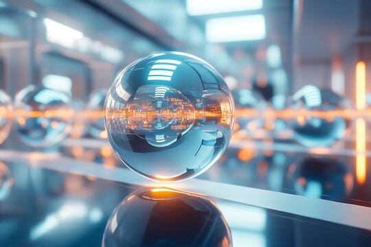 •  Futuristic AI lab with floating algorithmic spheres casting amber and azure reflections 