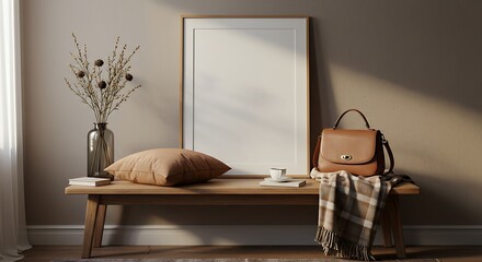 Wooden Bench with Frame, Pillow, Bag, and Decor