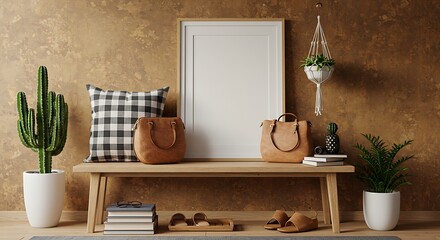 Bench with Cactus, Pillow, Bags, Picture Frame, Plants