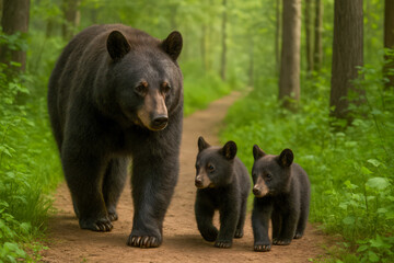 Naklejka premium Black Bear with Two Cubs Walking on Forest Path