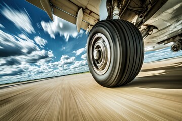 Airplane Wheel on Runway with Motion Blur and Dramatic Sky