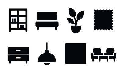 Fototapeta na wymiar Home furniture and decor solid icons set - silhouette style interior, furnishing, and design symbols for modern living: bookshelf, sofa, plant, fabric, dresser, lamp, art, chairs.