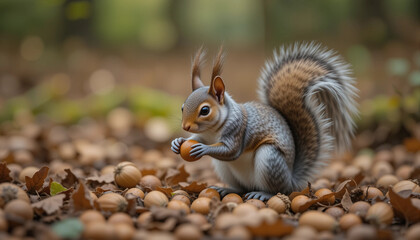 Fototapeta premium Squirrel Feast: A cute grey squirrel sits amidst a pile of acorns, delicately holding one in its paws. The autumnal forest floor provides a beautiful backdrop.