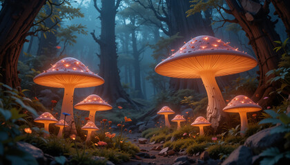 Fototapeta premium Enchanted Forest: Luminescent mushrooms cast an ethereal glow within a mystical forest scene, their caps dotted with captivating lights, inviting viewers to explore a realm of magic and wonder.