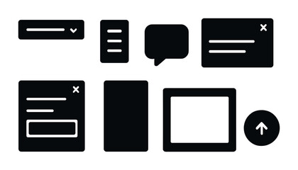 Digital interface solid icons set – silhouette style for ui design, web components, and app development: dropdown, menu, chat bubble, notification, form, arrow, window.