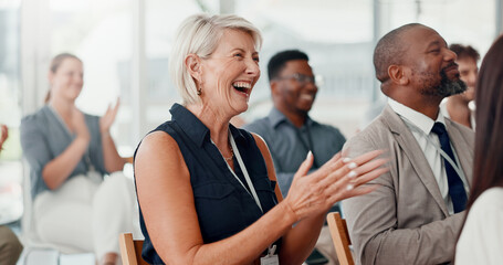 Conference, applause and business people with achievement, smile and feedback with support....