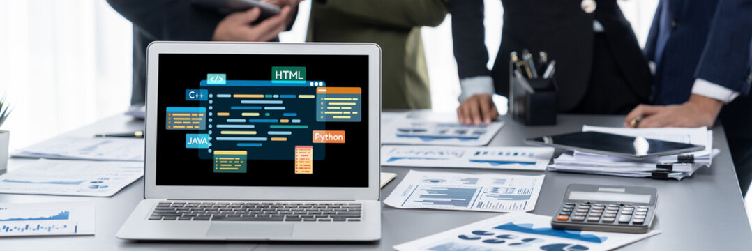 Software development or programming work with coding screen of various programming languages like HTML, Python, Java, and C brisk for new application development