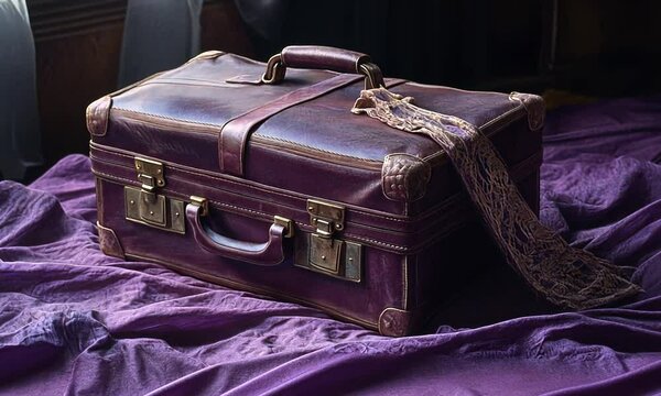 Vintage leather suitcase resting on a purple fabric backdrop, evoking nostalgia and travel memories
