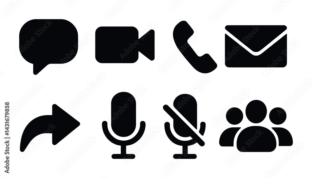 Poster communication and messaging solid icons set – silhouette style for digital interaction and connectiv